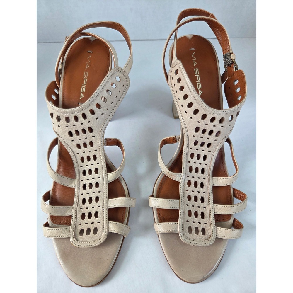 Via Spiga Heeled Sandals Womens 11M Beige Leather Laser Cut Block Heel Strappy